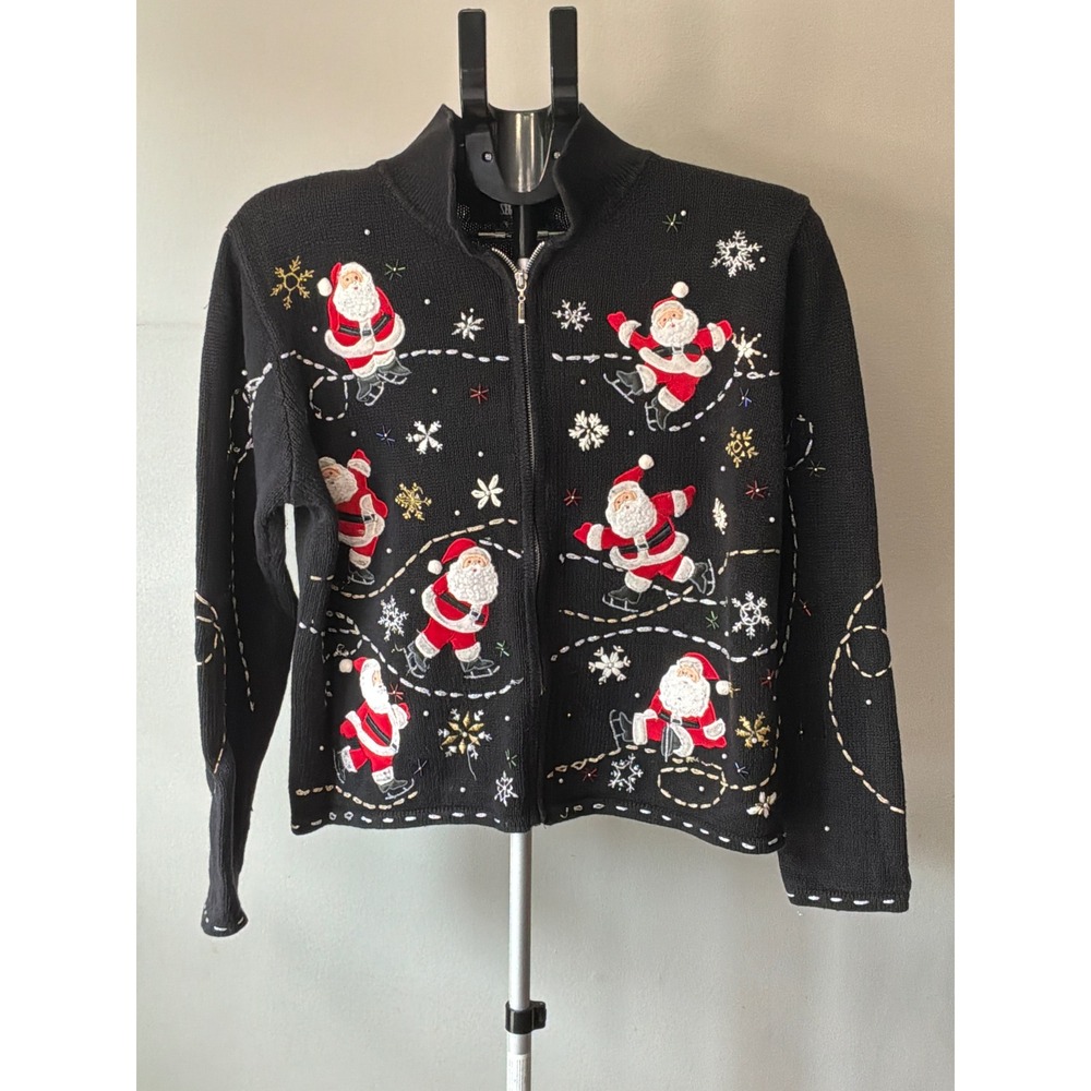Vintage 90s Segue Christmas Sweater Womens M Santa Skating Beaded Zip Cardigan